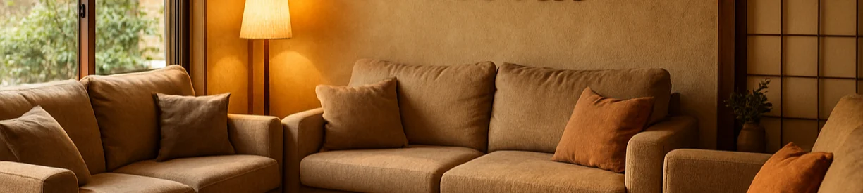 Warm lounge interior with sofas and shoji screens